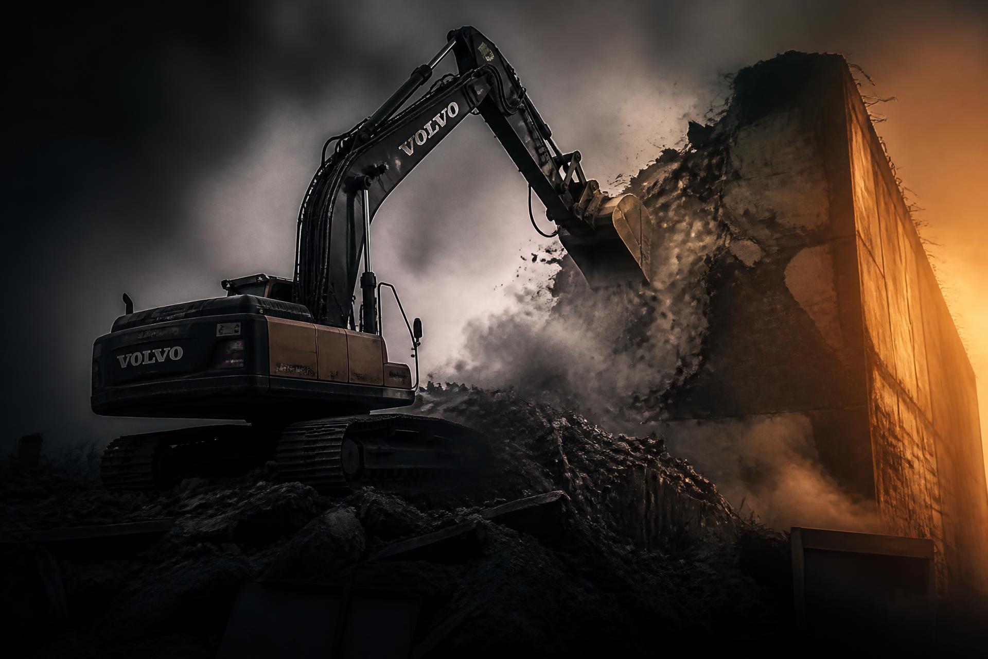 Excavator tearing down a wall on a Scarborough demolition site